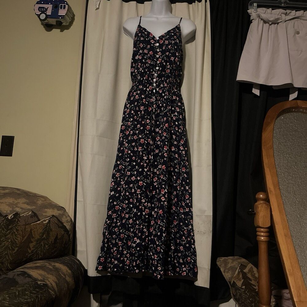 BTFBM Women Summer Floral Blue Elegant Spaghetti Strap Dress Size Small